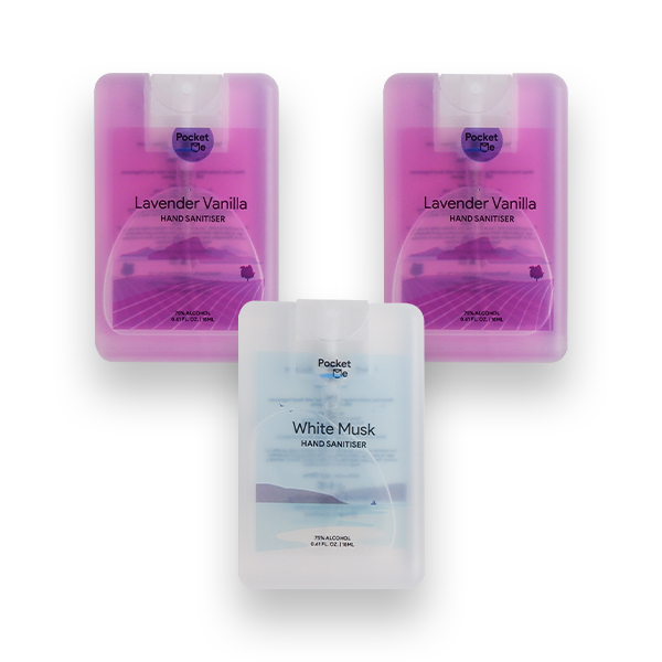 Pocket Me Hand Sanitizer Spray - 2 x  Lavender Vanilla 18ml + 1 x White Musk 18ml